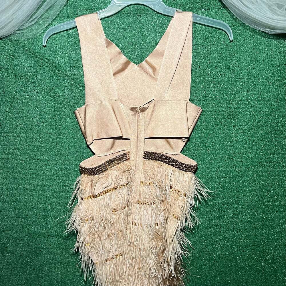 Fashion Nova Gold Sequin Sparkle Halter Feather Bustier Top Mini Dress